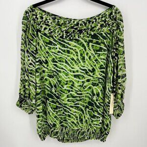 Vertigo Paris Womens Boatneck Blouse Size L Green Crackle Zebra Print Smocked
